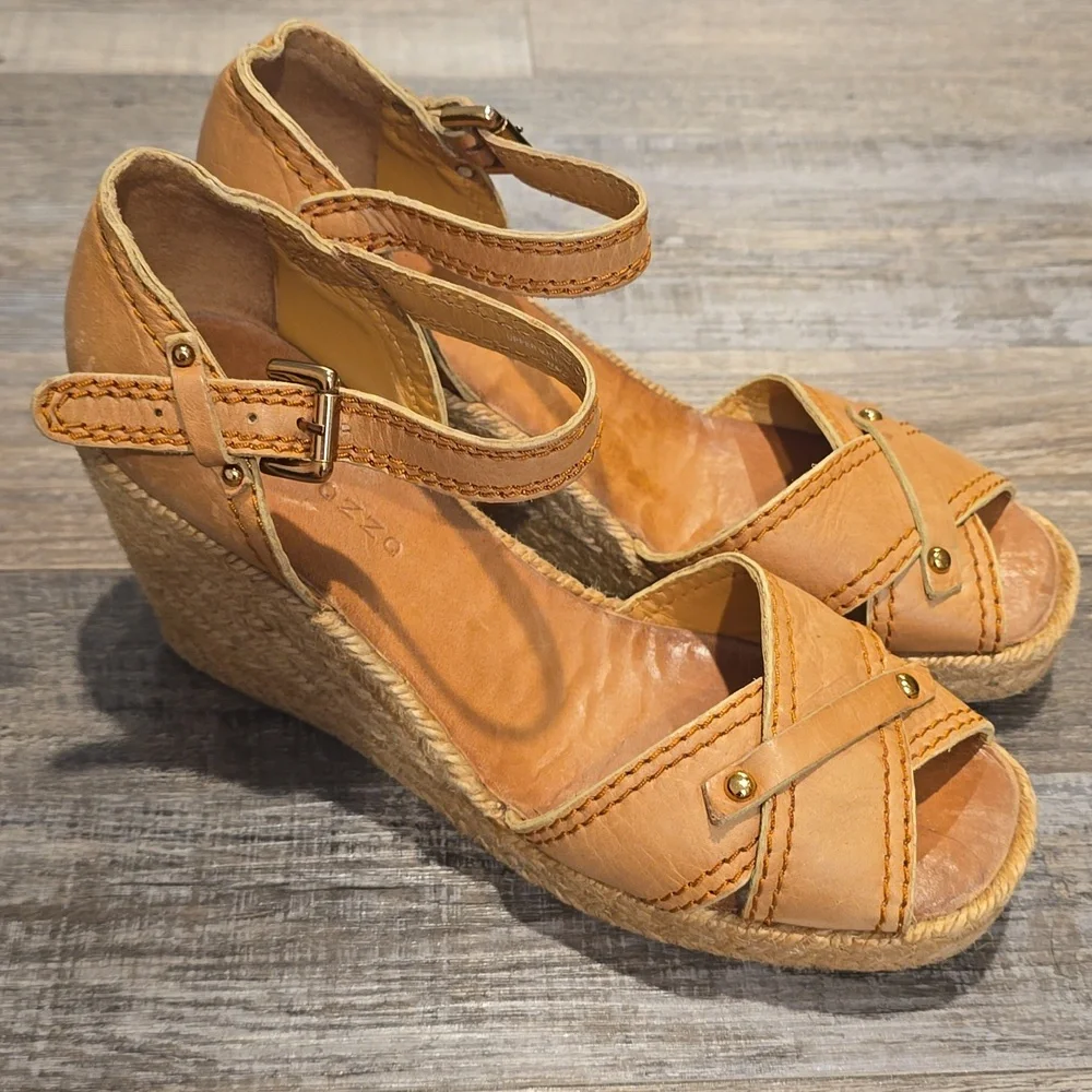 Apepazza Tan Suede‎ Espadrilles Leather Wedge Sandals Size 8.5